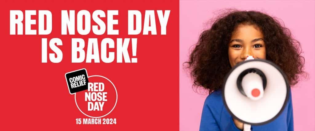 Girl announcing Red Nose Day 2024 