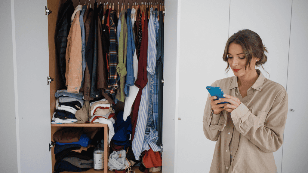 woman booking a collection on her phone while standing next to her full wardrobe.