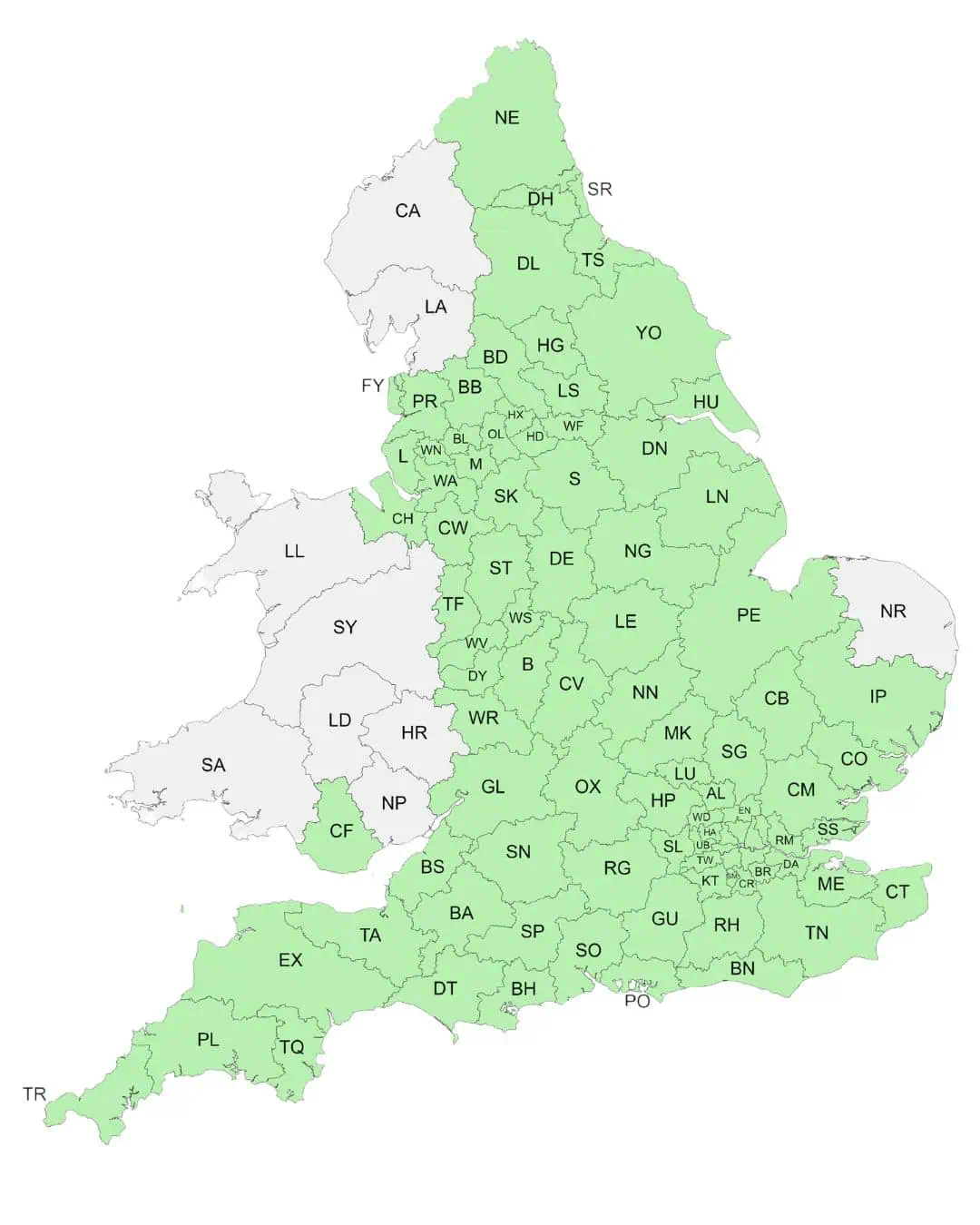 Map of England and Wales. Highlighted postcodes where Anglo operates.
