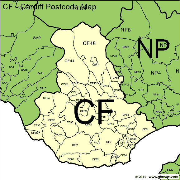 Map of the CF postcode area highlighted and broken down into each area.