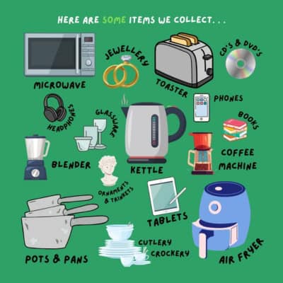 Image of items we collect, microwave, toaster, kettle, blender, air fryer. List is also listed below.